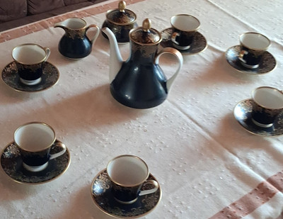 Weimar Porzellan Kaffeeservice Porzellan Blau/Gold/Weiß mit Kanne & Tassen