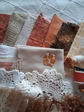 Autumn - Fall Slow Stitch Bundle Kit Brown Gold Fabric Lace Floss Scrap Craft 