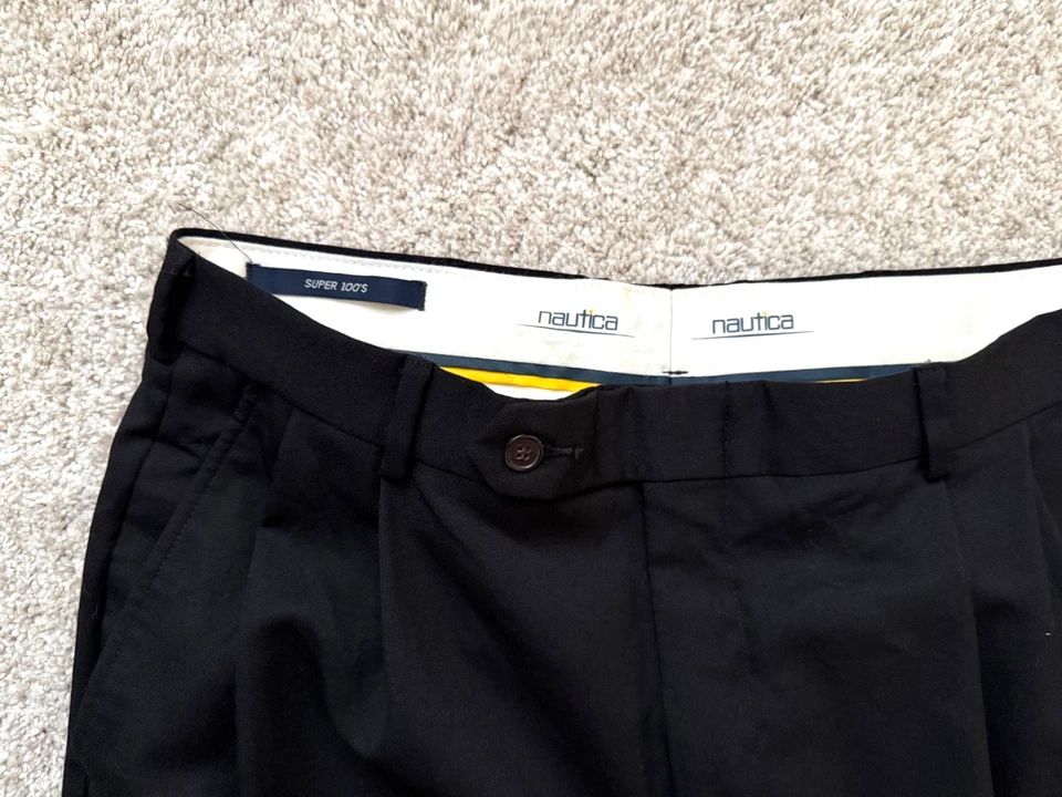 EUC винтажный мужской Nautica супер 100 плиссированные манжеты черный шерсти брюки, размер 34 x 32 - Изображение 2 из 4