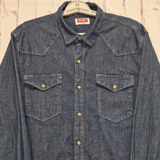 Wrangler Denim Shirt Blue Pearl Snap Cowboy Western Workwear Casual Mens Large