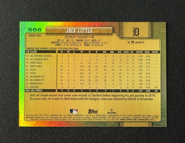 🔥2026 Topps Series 2 Jack Little Golden Mirror Variation SSP Tigers RC🔥