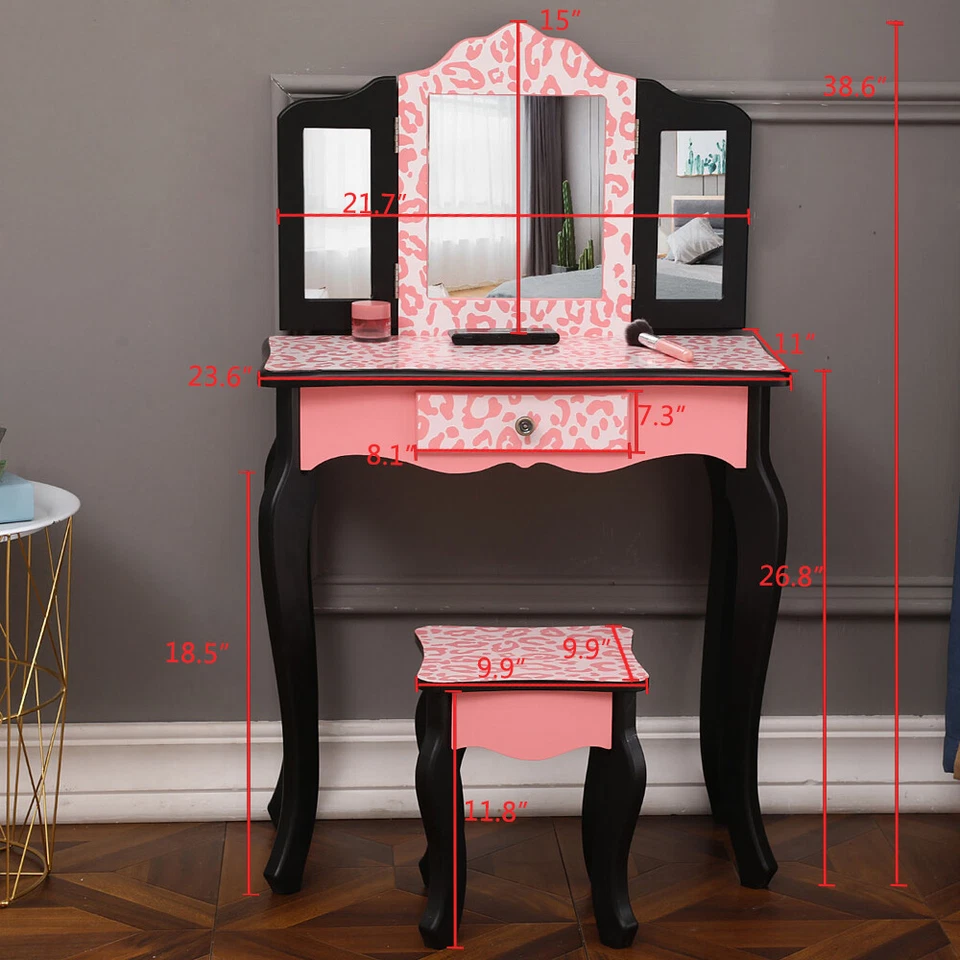 Red Sturdy Three-Fold Mirror Children Vanity Table Set, Makeup Vanity Table Set - Image 2 of 4