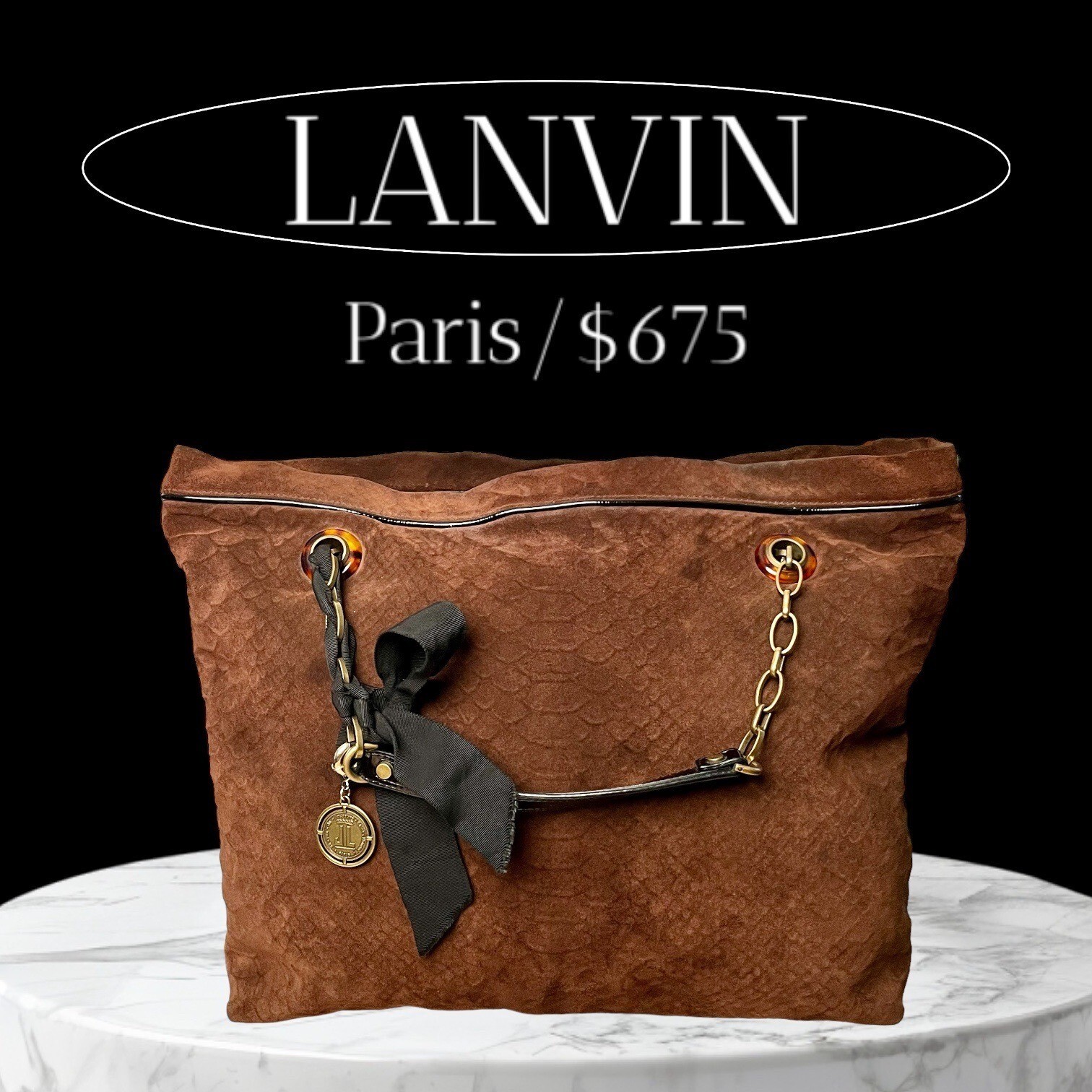 LANVIN "Amalia" Python Print Brown Suede Bucket S… - image 1