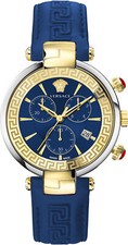Versace VE2M00221 Revive Chrono gold silver blue Leather Women's Watch NEW