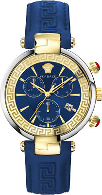Versace VE2M00221 Revive Chrono gold silber blau Leder Armband Uhr Damen NEU