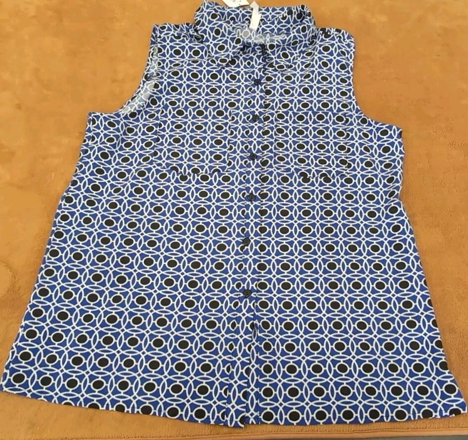 Ny Collection Tank Button Down Blue/white/Black Geometric SZ PXL
