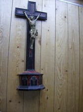 Uraltes Holz Kreuz Jesus am Kreuz mit aufwendigen seltenen Einlagen - Intasien