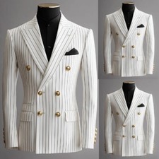 White Men  s Striped Suits Peak Lapel Double Breasted Formal Wedding Tuxedo 2pcs