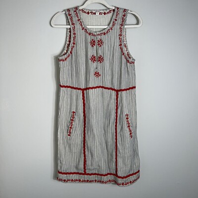 Ella Moss Sleeveless Shift Dress-Gray Tan Stripes-Red Embroidery-Cotton-Small
