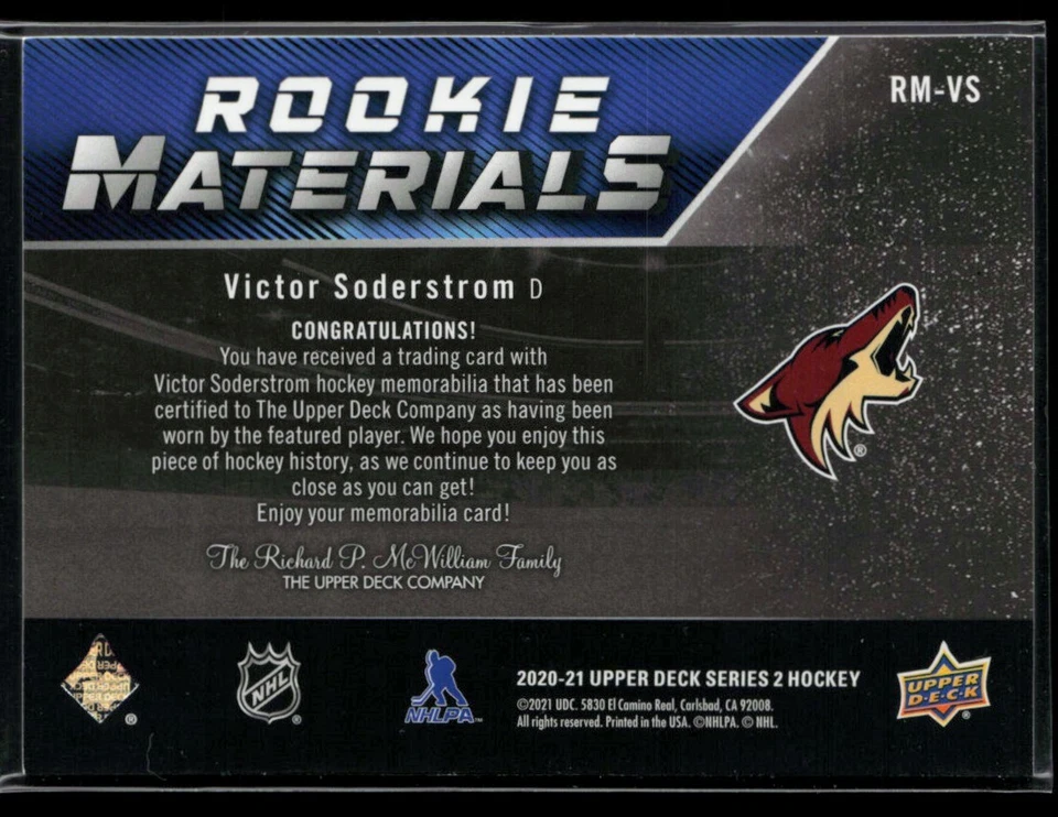 2020-21 Upper Deck Rookie Materials #RM-VS Victor Soderstrom RC - Image 2 of 2