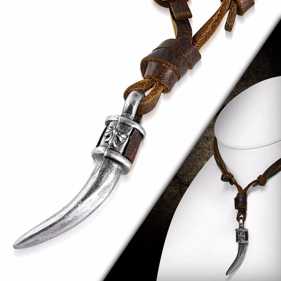 Fleur De Lis Cross Lucky Horn Brown Leather Necklace Adjustable 16"-31" Tooth - Image 2 of 2