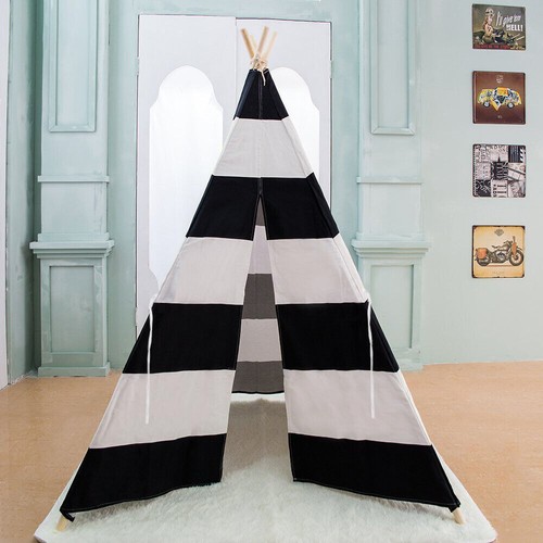 XXL Large Kids Teepee Tent Canvas Black & White Stripe Tipi Nursery Kindergarden - 第 9/14 張圖片