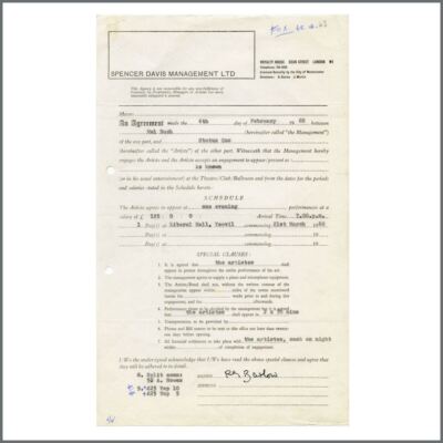 Status Quo Spencer Davis Management Ltd. 1968 Signed Performance Contract (UK)