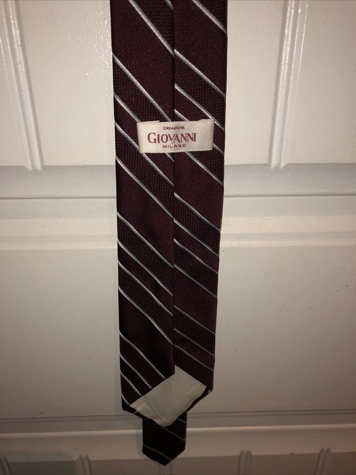 Giovanni Creazione Milano Men’s Tie Burgundy Red With White Stripes Authentic  - Image 3 of 4