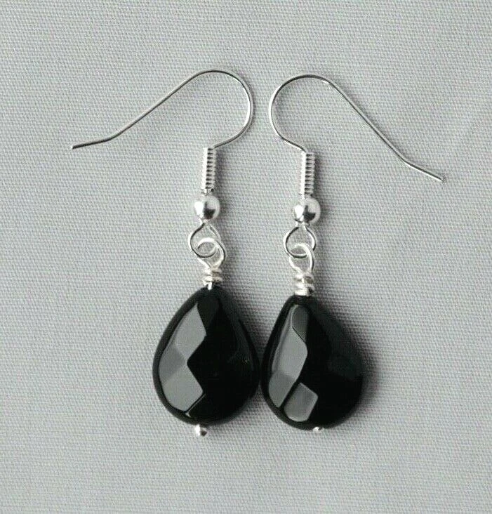 BLACK AGATE FACETED PEAR DROP EARRINGS ~ SILVER PLATED - Image 1 of 1