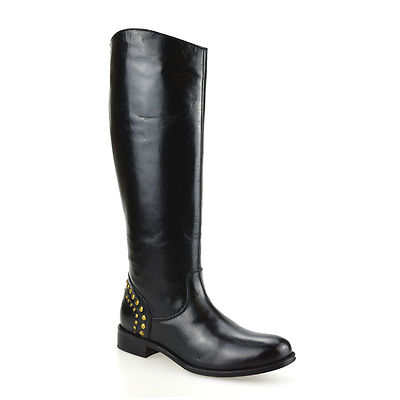 Damen Frauen Leder Kniehoch Flach Absatz Reißverschluss Biker Reitstiefel Schuhe Größe