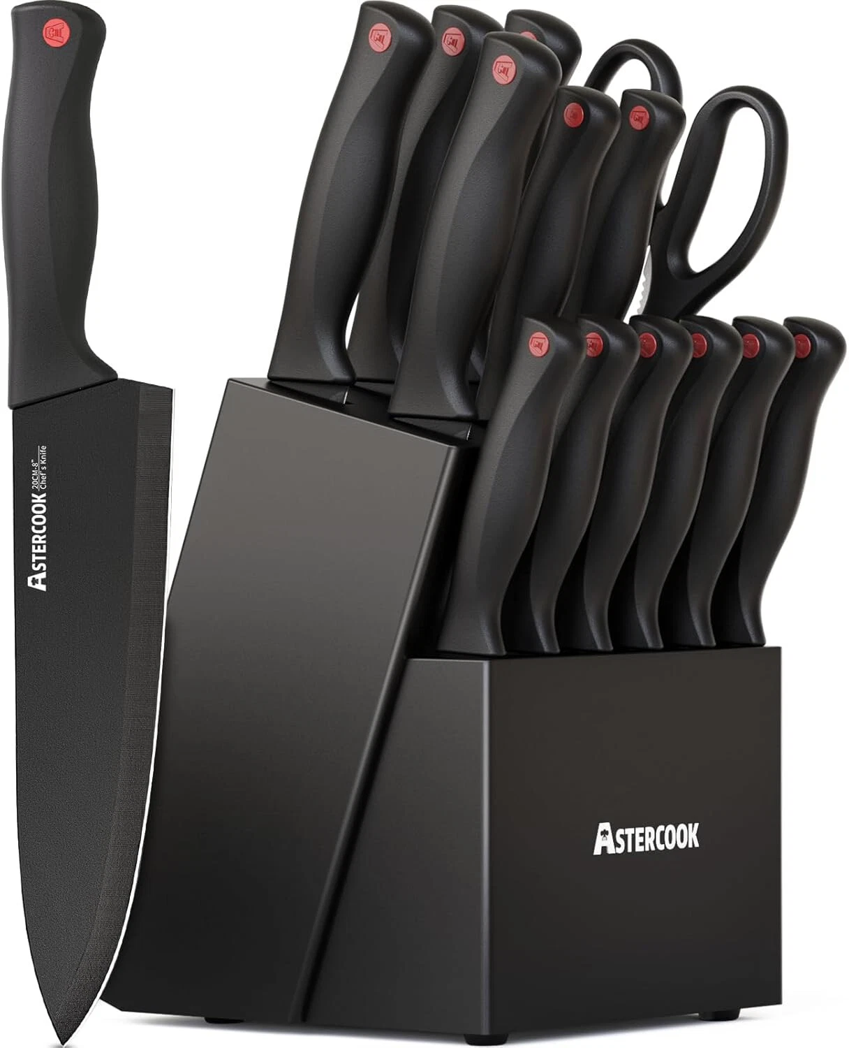 Astercook 15-Piece Knife Set – German Steel, Dishwasher Safe, Sharpener, Black