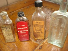 GUN BIKE SEWING MACHINE OIL & SOLVENT GLASS BOTTLE 4 FOR ONE PRICE VINTAGE