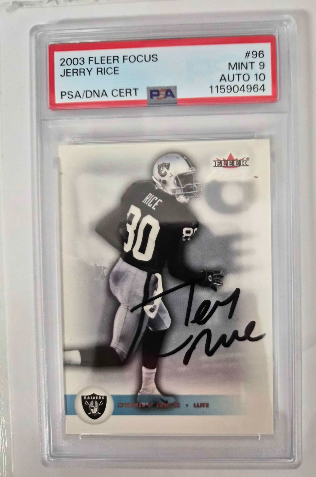 Official 2003 Fleer Focus Jerry Rice PSA/DNA Cert #96 Mint 9 Auto 10