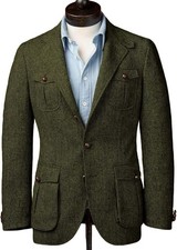 Men Green Wool Herringbone Tweed Blazer Vintage Check Groom Tuxedo Wedding Suit