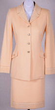 ST.JOHN Womens Knit Peach Sequins Gold Studs Trim Rhinestone Jacket Skirt Sz 2-4