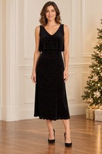 Halston Black Velvet Ruffle Textured V-Neck Zip Back Midi Sleeveless NWT Dress 8