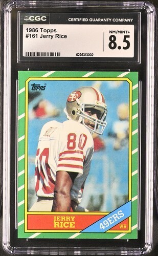 POP 107,16^: 1986 TOPPS JERRY RICE #161 ROOKIE CARD RC JUST GRADED CGC 8.5 NM/MT