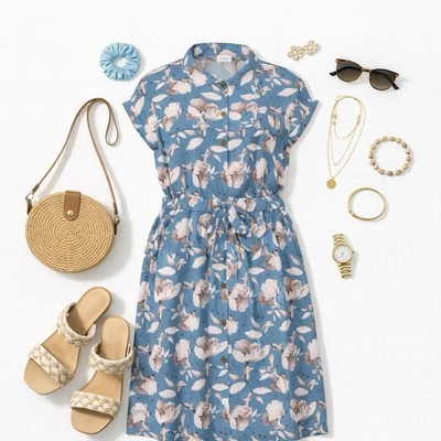 LuLaRoe Stacie Shirt Dress - X-Large - Blue With Floral Print