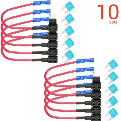 10 Set Car Add-a-circuit Fuse Holder Tap Adapter & ATM/APM Mini Blade Fuse 15Amp