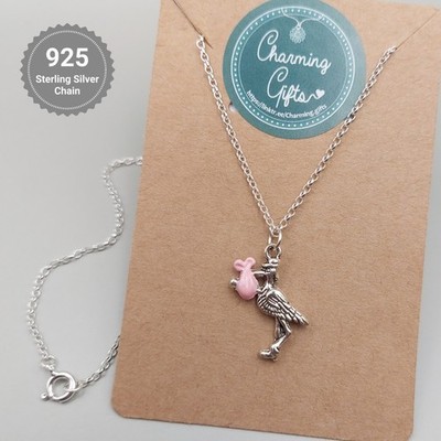 Pink Stork Necklace   Hand-Painted Tibetan Silver Charm on 925 Silver Chain
