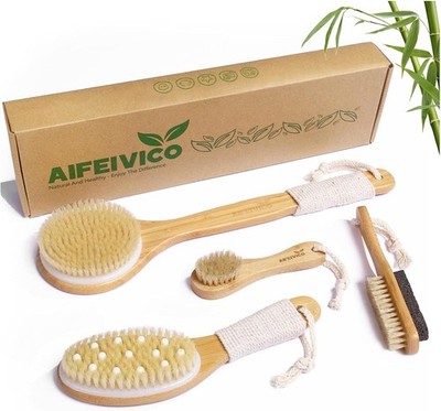 Dry Body Brush, Natural Boar Bristle Exfoliating Brush, Bamboo Long Handle Back