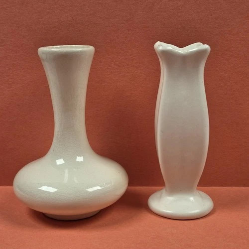 2 Red Wing Rumrill Rum Rill Art Pottery 4" White Mini Vases 323 and 325