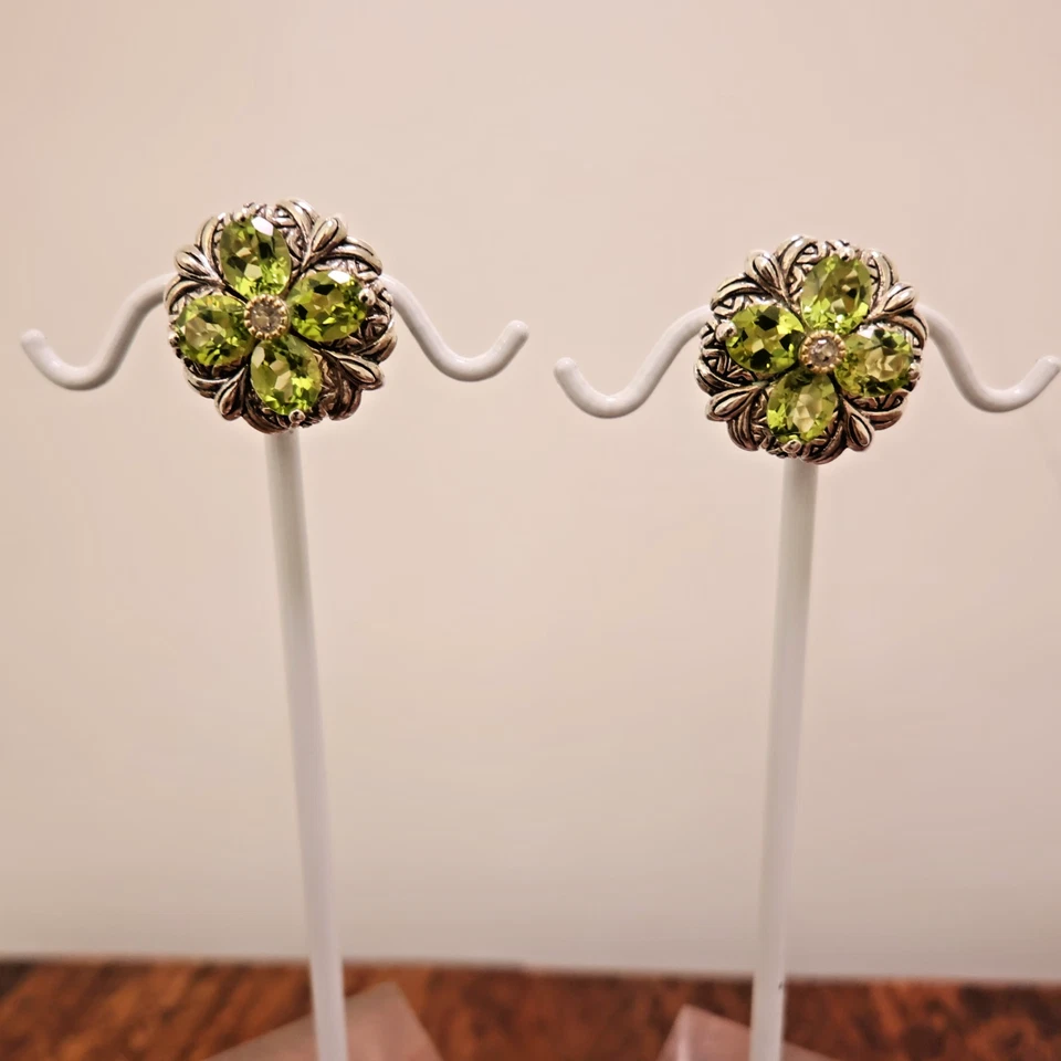 Barbara Bixby earrings flower studs green peridots sterling silver omega 18K - Image 2 of 4
