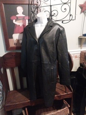 Adolfo Black Leather Coat  Lamb Skin Mid Length Button Front Women's L Read!!