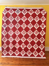 Antique vintage heirloom handmade flower basket red white bold coverlet quilt