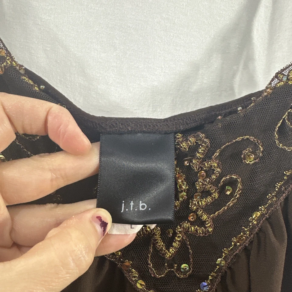 J.T.B Brown Embroidered Sequin Sheer Cami Top Womens Size L Boho Festival Career - Image 3 of 4