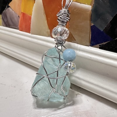 Beaded Beach Glass Pendant Wire Wrapped Artisan Handmade Art To Wear 4226 Y