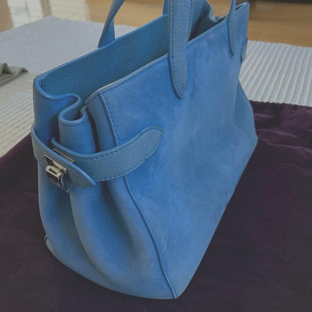 Asprey Women's Suede Tote Handbags Top Handle Bag Light Blue Silver Solid Luxury