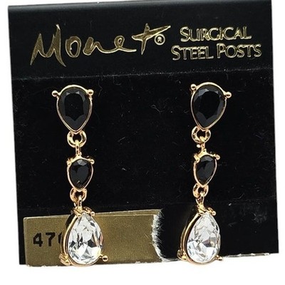 Monet Black & Clear Teardrop Dangle Earrings - Vintage Glam