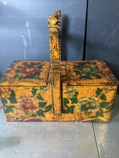 Antique Chinese Handled Wood Dou Basket Hand Painted Yellow Lacquer Floral