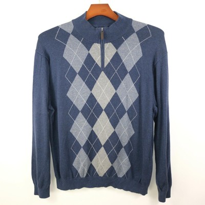 Tasso Elba Mens Cotton 1/4 Zip Navy Blue Gray Argyle Sweater Size XXL