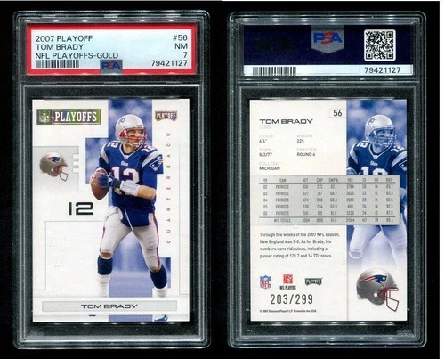TOM BRADY 2007 NFL PLAYOFFS GOLD # 203/299 PSA 7