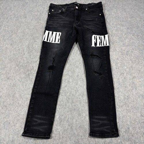 Homme Femme Patched Distressed Jean Men's Size 34 (Actual Fits W34.5xL30) Black - Picture 1 of 24