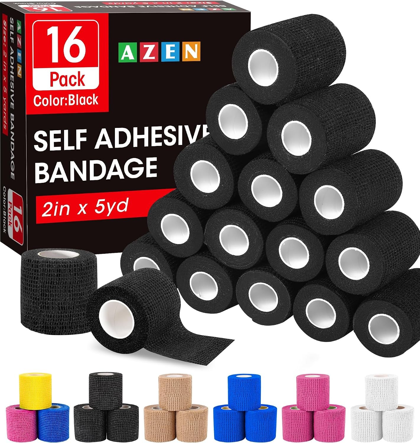 16 Pack Self Adhesive Bandage Wrap Black, 2" X 5 Yards Black Athletic Tape,