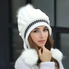 Soft Winter Warm Fur Hat Fleece Lined Earflap Hat For Women Knitted Beanie**