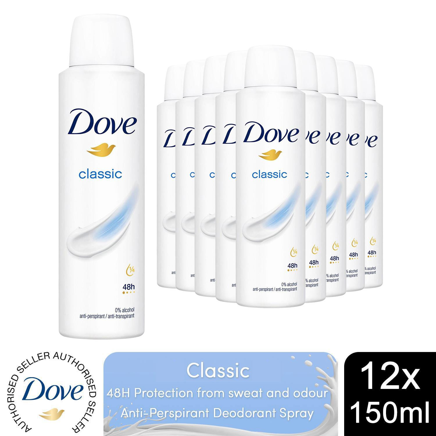 Dove Classic Anti-Perspirant with 48H Sweat Protection Deo for Women 150ml, 12pk