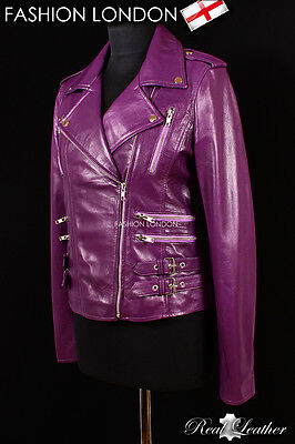 MAXIM Ladies Designer Leather Jacket Purple Wax Biker Rock Gothic Fashion Jacket