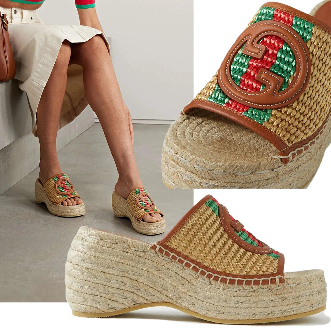 CHAUSSURES GUCCI ESPADRILLES COMPENSÉES TISSÉES EN RAPHIA avec logo G diapositives Web taille 39,5 9,5