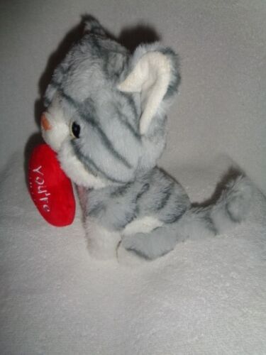Cat Gray White Stripe Tabby Red Heart You're Purrrr Fect Stuffed Plush Kitten - Picture 2 of 4