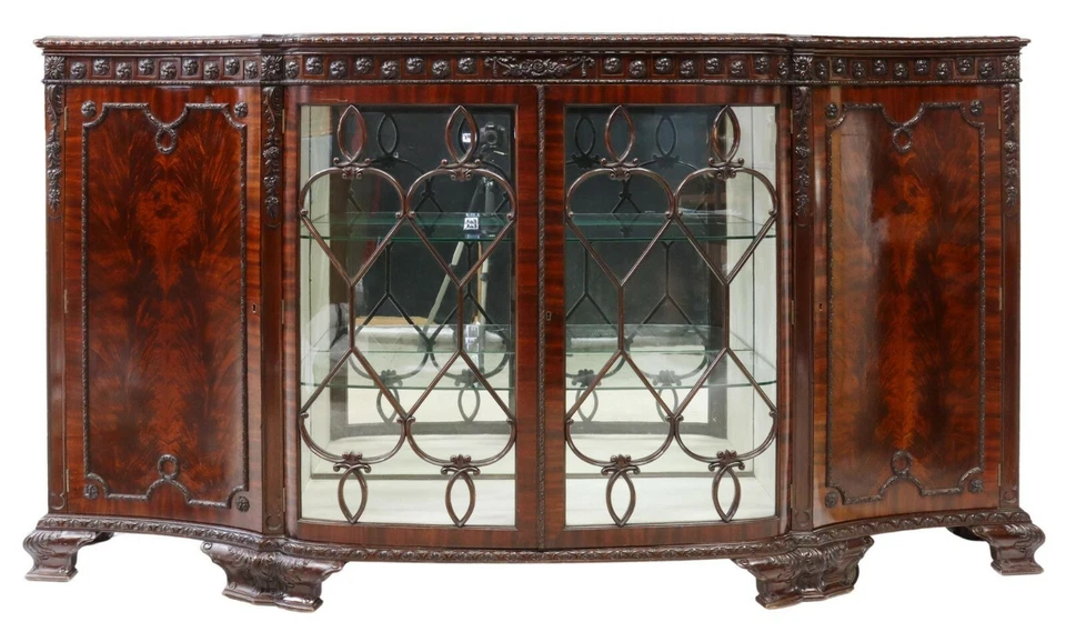 Aparador antiguo, exhibición de caoba eduardiana inglesa, puertas acristaladas, principios de 1900 Foto 2 de 4